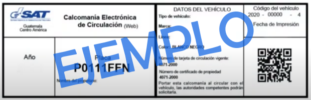 ejemplo de calcomanía electrónica de circulación de vehículos emitida por la SAT Guatemala